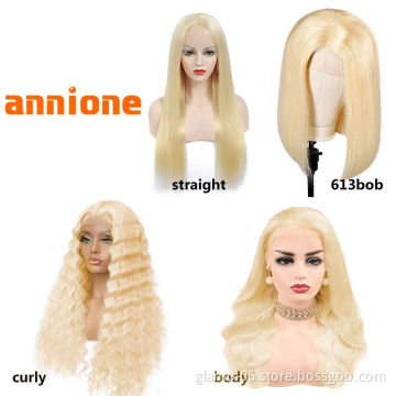 613 Custom Color Blonde Straight Peruvian Human Hair Short Pre-Plucked Transparent Lace Front Bob Wig